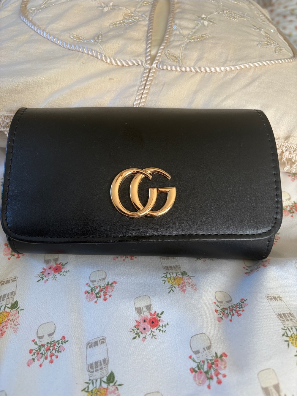 Black Leather Crossbody Bag with Gold Double-G Accent